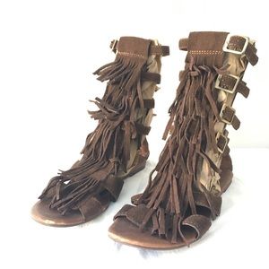 Jeffrey Campbell Brown Suede Fringe Gladiator Sandals Buckles 7